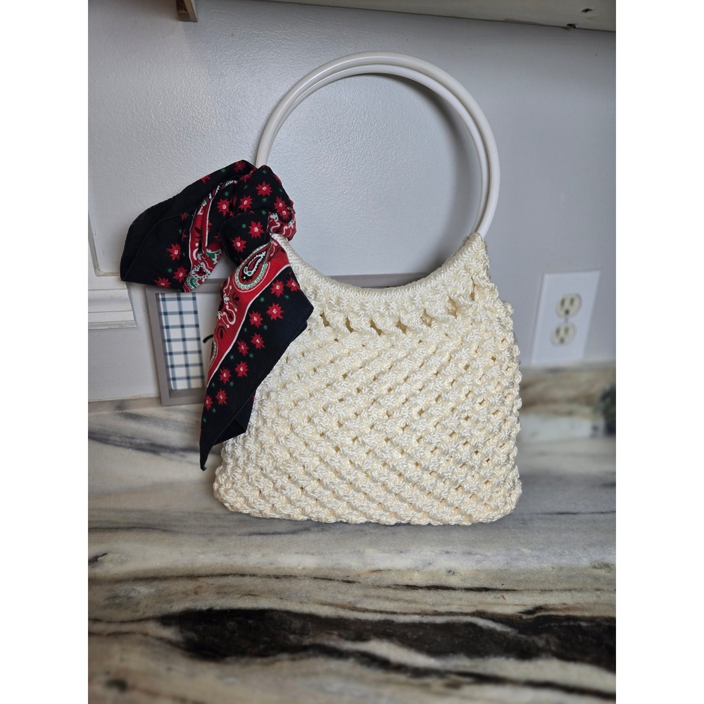 Vintage Style Cream Crochet Handbag White Ring Handle Boho Tote Cottagecore